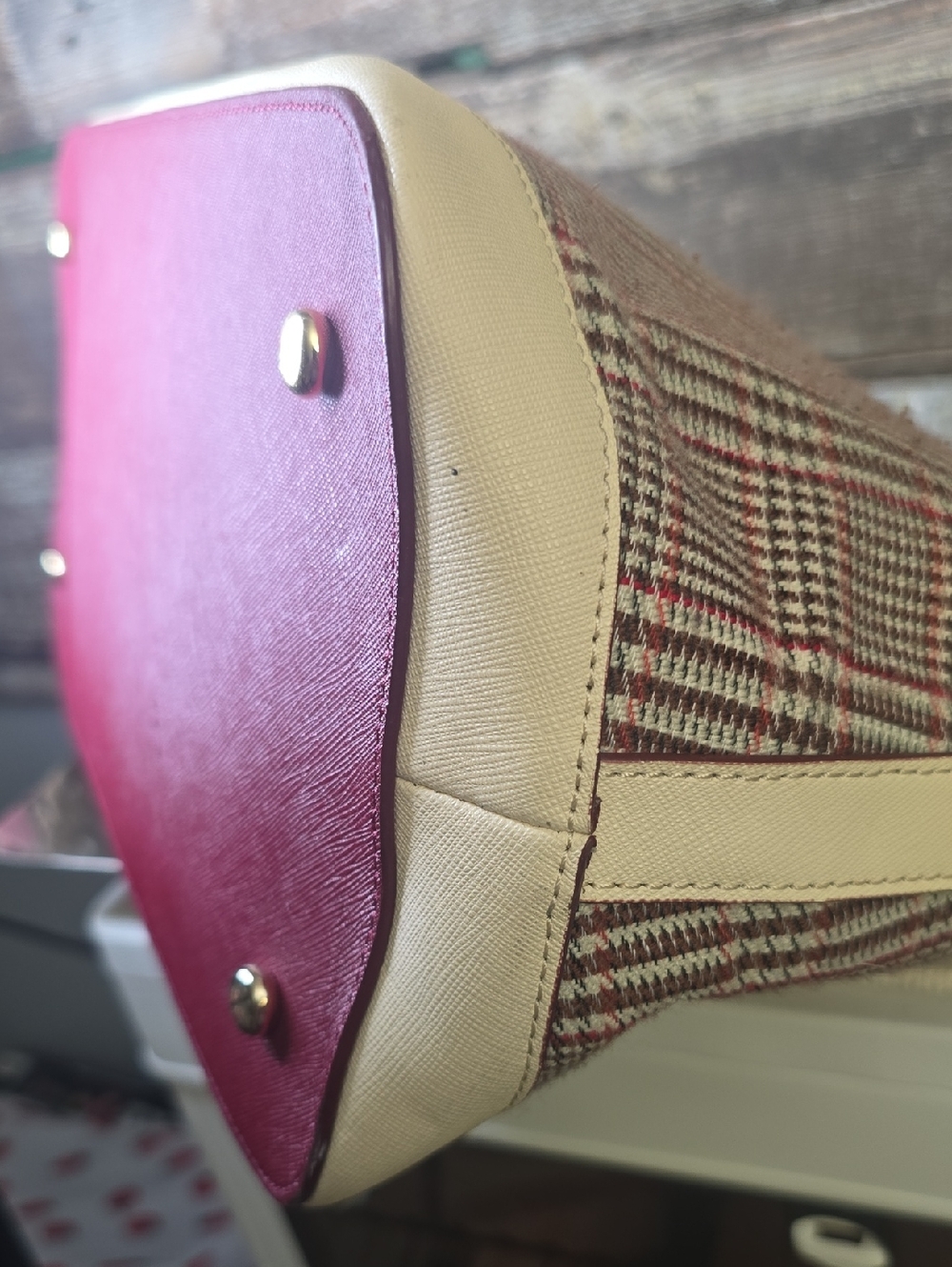 Henri Bendel West 57th Red Plaid & Leather Tote Bag - Picture 6 of 11